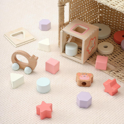 4-In-1 Wooden Toddler Toys for 1 Year Old, Wooden Stacking Rings Tower, Shape Sorter Box, Bead Maze, Wood Baby Push Car, Wooden Stacking Toys for Boys Girls 12M+