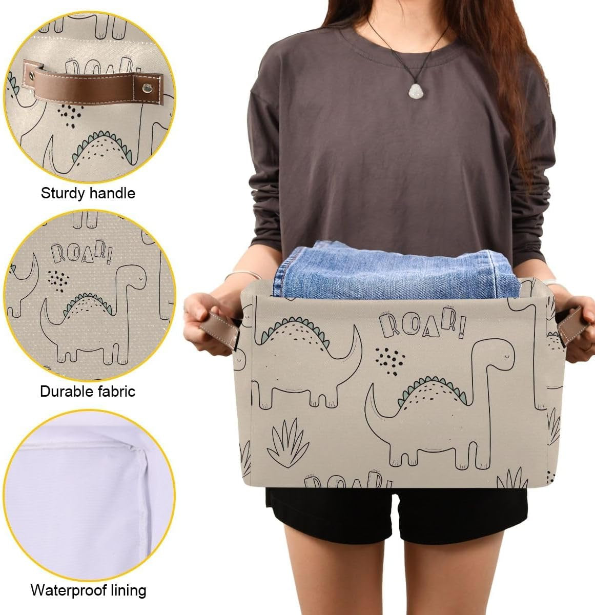 CHIFIGNO Handdrawn Dino Cute Basket Storage, Single Waterproof Canvas Storage Bin, Reinforced with Steel Ring