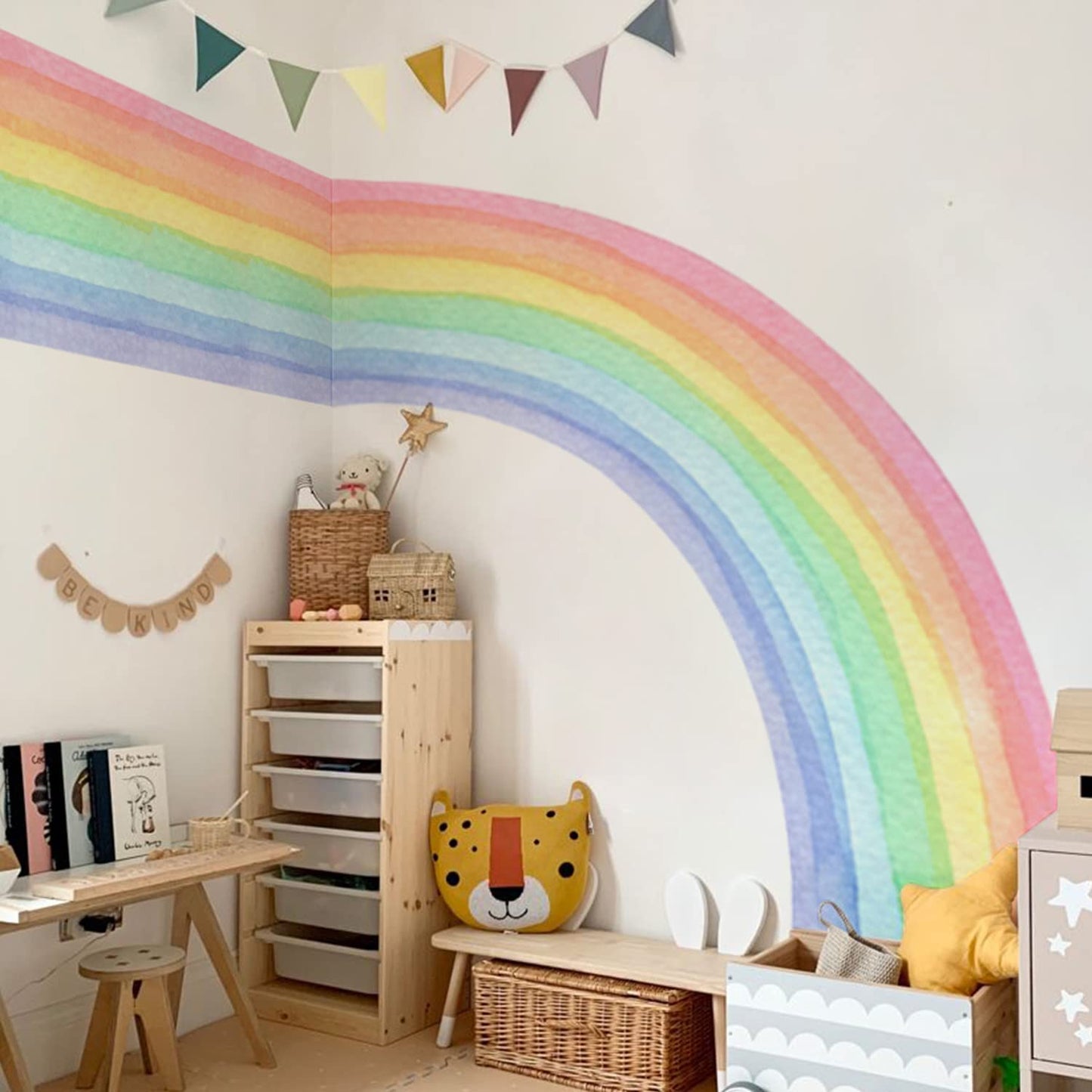 Funlife Fabric Large Rainbow Wall Mural Stickers Peel and Stick, Irregular Precut Half Watercolor Rainbow Wall Decals for Girls Bedroom Kids Nursery Room Playroom, Rectangle Rainbow Wall Decals