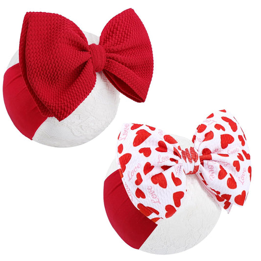 Valentines Baby Bow Headbands for Girls Waffle Tied Bow Hairbands Handmade Cute Red Love Heart Head Wraps Hair Accessories for Infant Toddler Kid 2Pcs