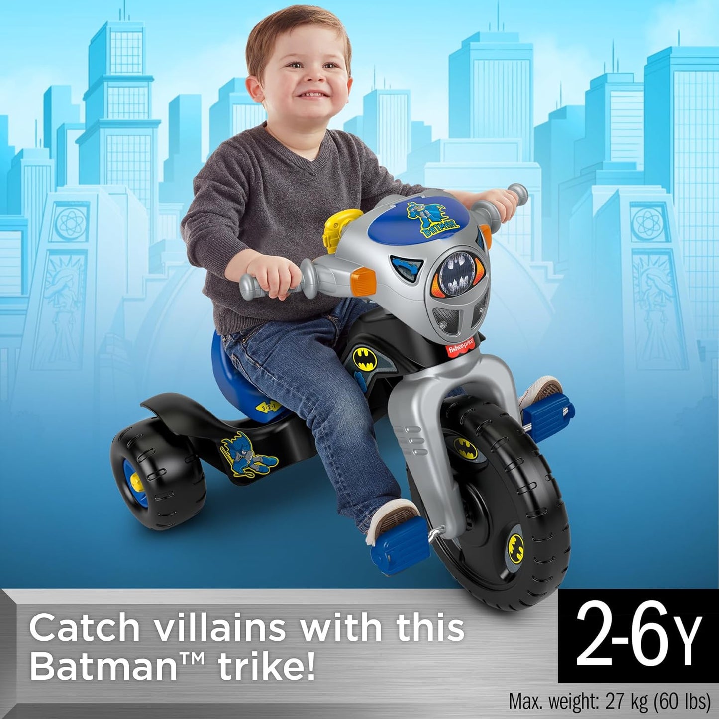 Fisher-Price Toddler Tricycle DC Super Friends Batman Lights & Sounds Trike, Toy Bike with Storage for Outdoor Play Kids Ages 2+ Years