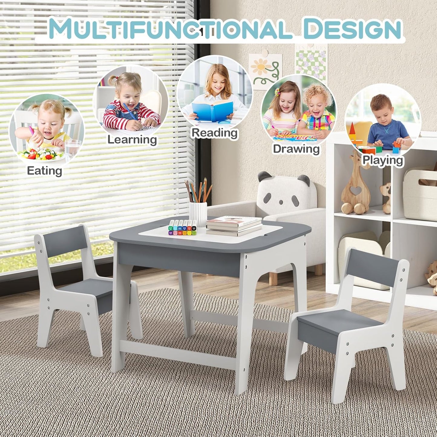 Costzon Kids Table and Chair Set, 3-In-1 Wooden Activity Table with Removable Tabletop, Blackboard & Whiteboard, Storage Space, Toddler Furniture for Arts, Crafts, Nursery, Preschool (Gray)