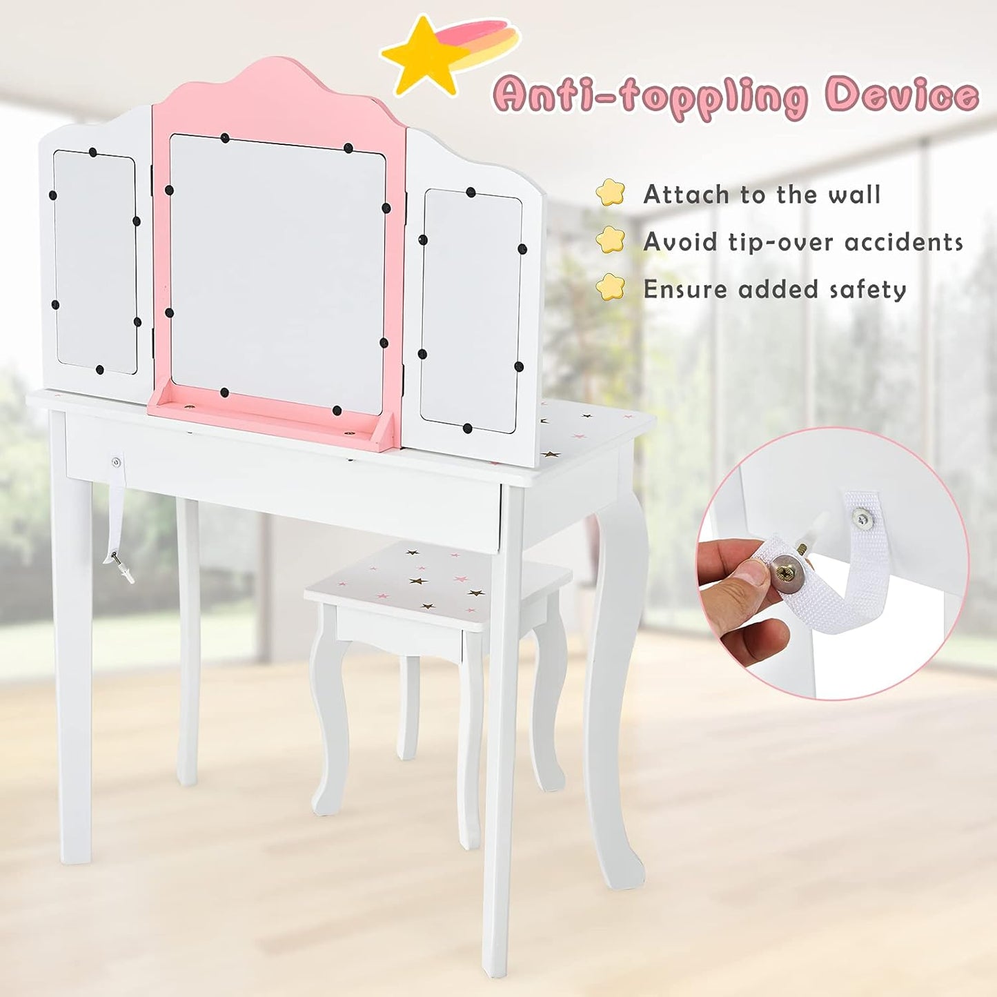 Costzon Kids Vanity Set with Mirror, 2 in 1 Princess Makeup Dressing Table W/Detachable Top, Toddler Girls Vanity with Tri-Fold Mirror, Drawer & Stool, Pretend Play Vanity Set for Little Girls, White