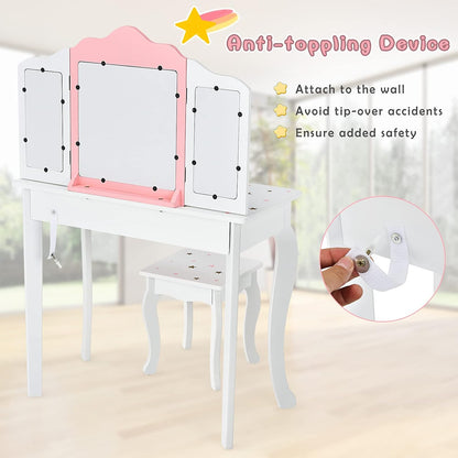 Costzon Kids Vanity Set with Mirror, 2 in 1 Princess Makeup Dressing Table W/Detachable Top, Toddler Girls Vanity with Tri-Fold Mirror, Drawer & Stool, Pretend Play Vanity Set for Little Girls, White