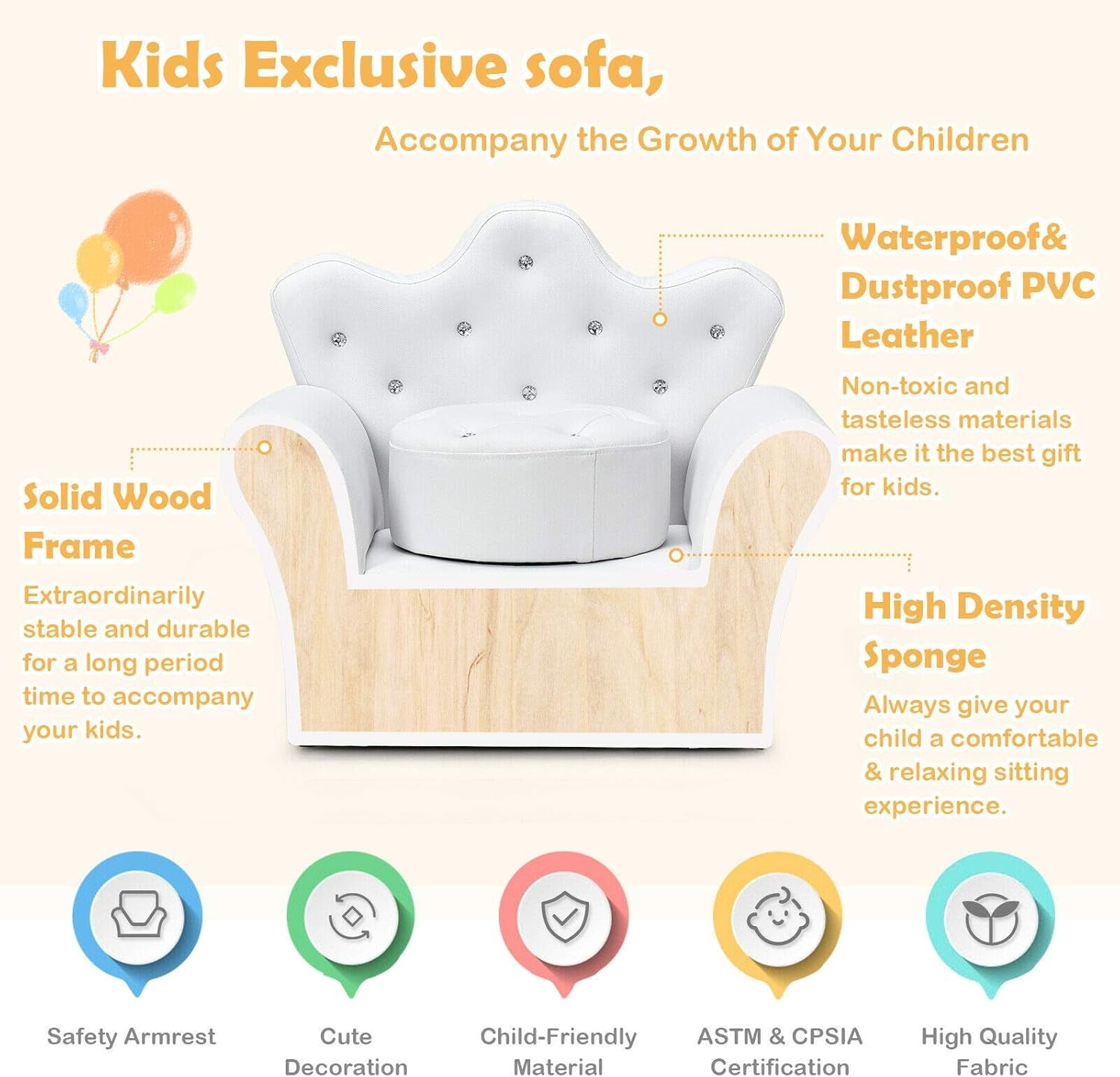 Costzon Kids Sofa, Children Upholstered Sofa with Ottoman, Princess Sofa with Diamond Decoration, Smooth PVC Leather Toddler Chair, Kids Couch for Boys and Girls, Gift for Toddlers (White)