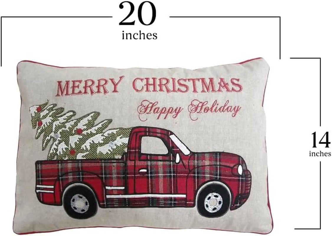 MON AMI Plaid Truck with Christmas Tree Pillow – 20X14”, Christmas Decorations, Farmhouse Winter Holiday Home Décor, Christmas Pillow for Couch/Sofa