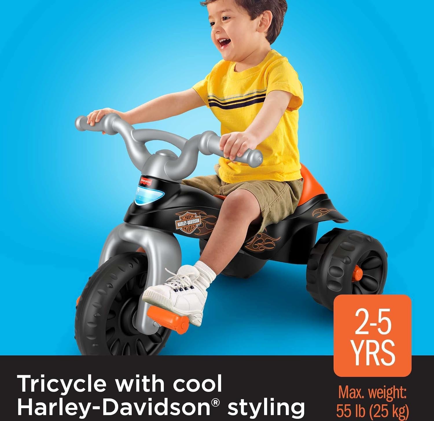 Fisher-Price Harley-Davidson Toddler Tricycle Tough Trike Toy Bike with Handlebar Grips & Storage for Preschool Kids Ages 2+ Years​ (Amazon Exclusive)