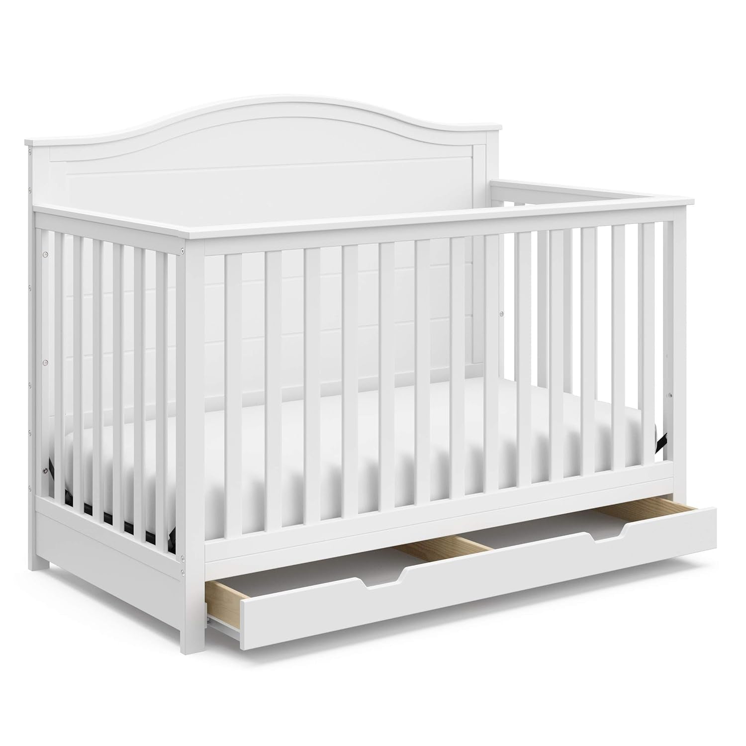 Storkcraft Moss 5-In-1 Convertible Crib with Drawer (White) – GREENGUARD Gold Certified, Crib with Drawer Combo, Includes Full-Size Nursery Storage Drawer, Converts to Toddler Bed and Full-Size Bed