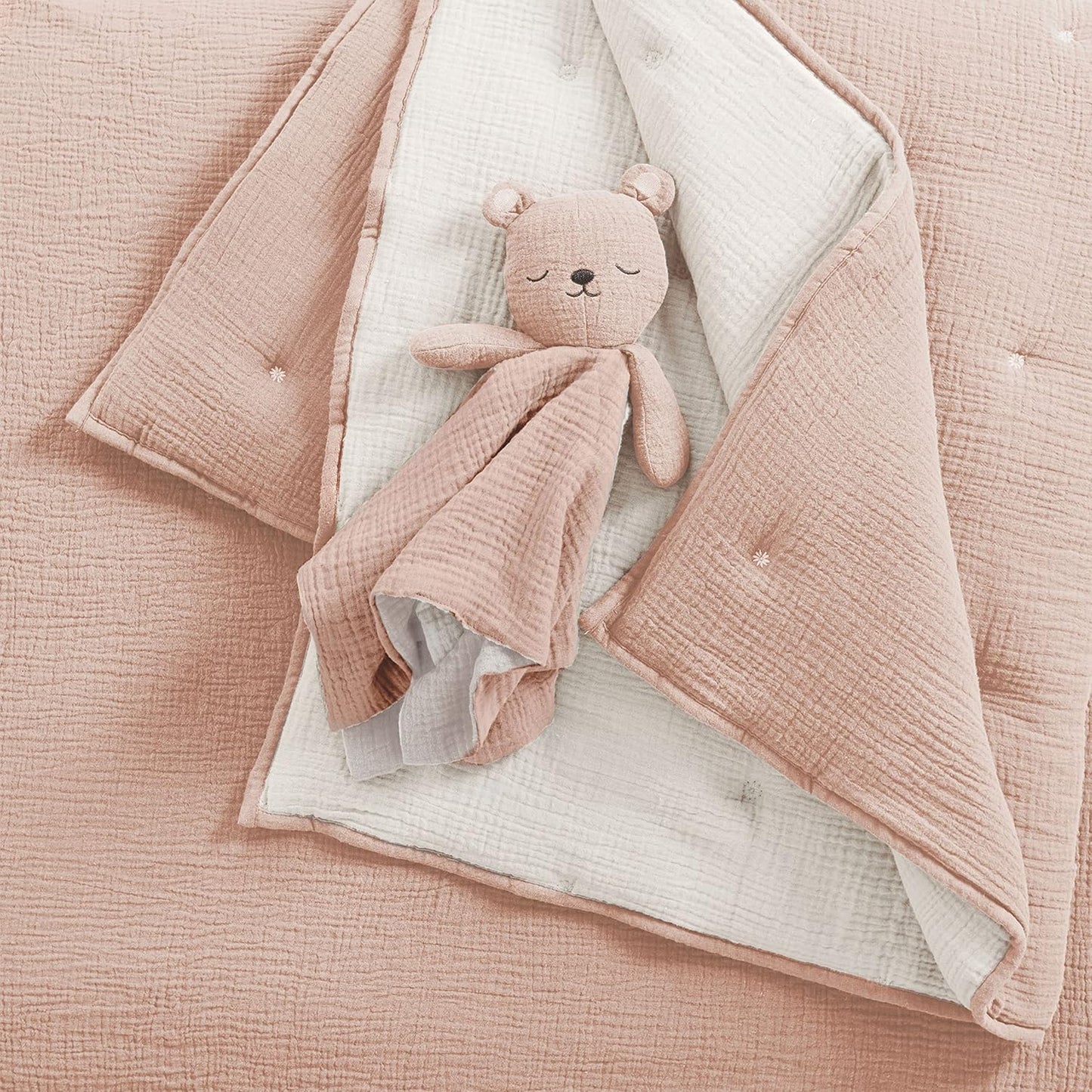 Levtex Baby - Cloud Muslin Crib Bed Set - Baby Nursery Set - Pink and White Flowers - Pink Textured Muslin - 5 Piece Set Includes Quilt, Fitted Sheet, Two Swaddles & Bear Lovey