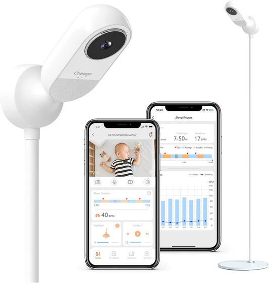 Cheego X3 Pro Smart Baby Monitor with Real-Time Contactless Breathing& Sleep Tracking, Cry& Face Cover Detection, Wall Mount& 2K Wi-Fi HD Video Camera and 2-Way Talk, Nightlight and Night Vision