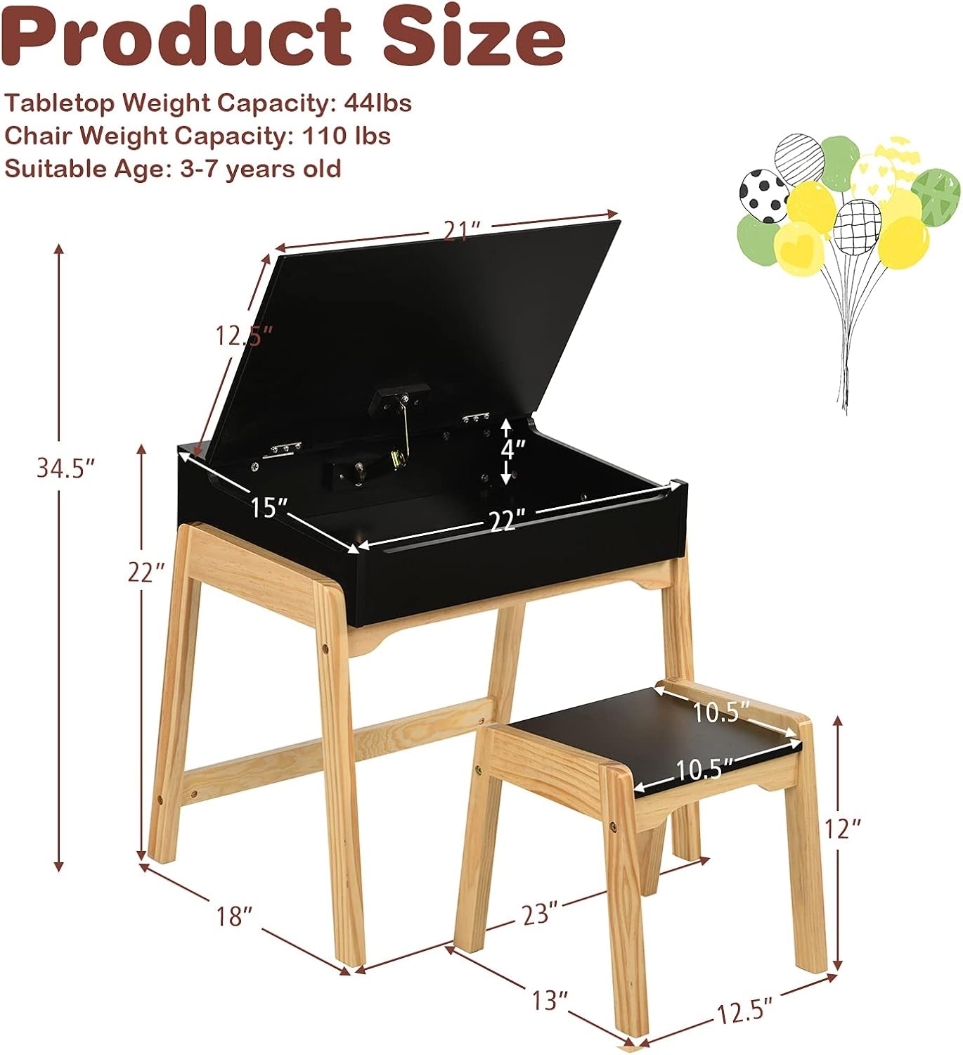 Costzon Kids Table and Chair Set, Wooden Lift-Top Desk & Chair W/Storage Space, Safety Hinge, Gift for Toddler Drawing, Reading, Writing, Homeschooling, Children Activity Table & Chair (Black)