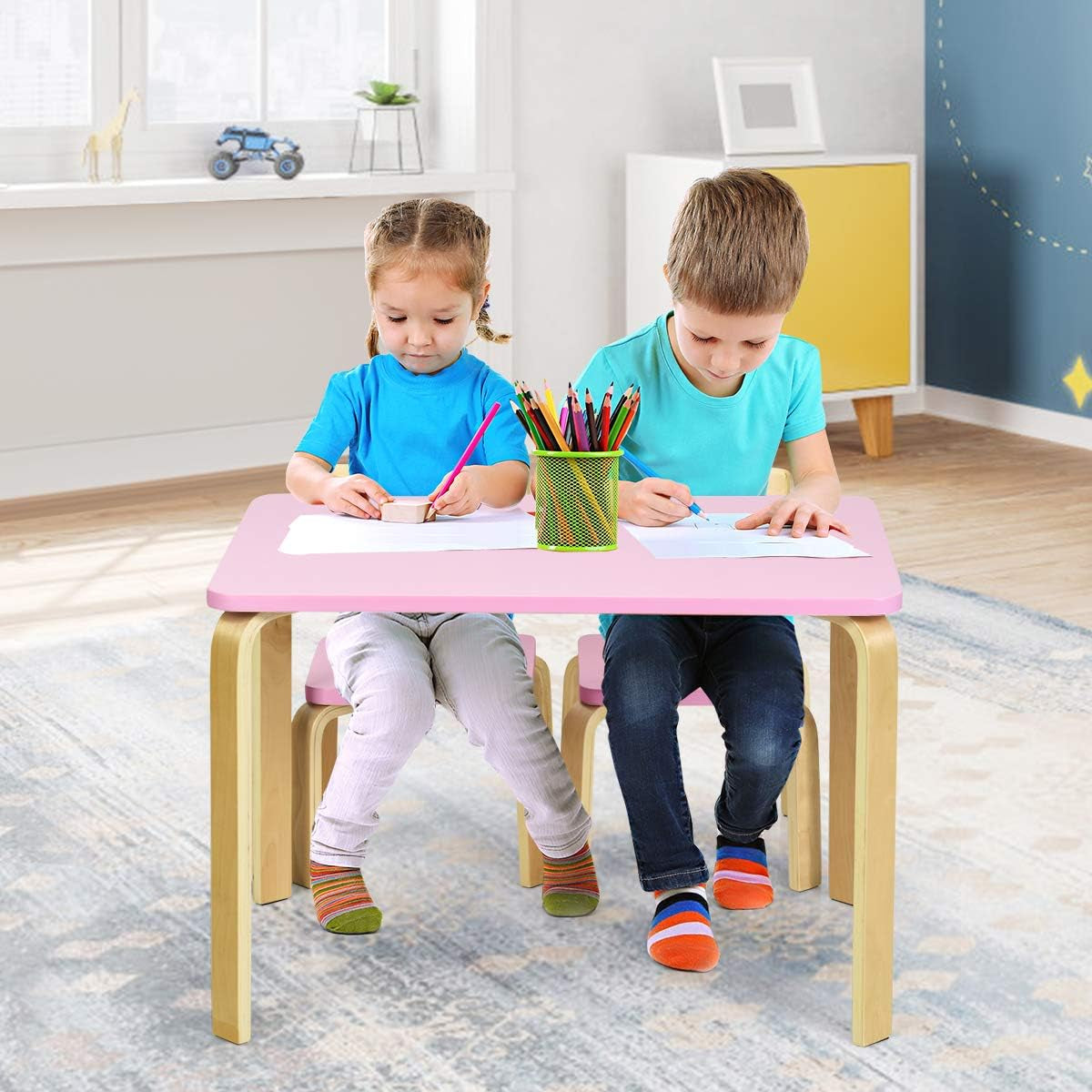 Costzon Kids Table and Chair Set, Wood Table and Chairs for Toddlers Reading, Arts, Crafts, Homework, Snack Time, 3 Piece Furniture for Playroom Home School Classroom, Childrens Table and Chair, Green