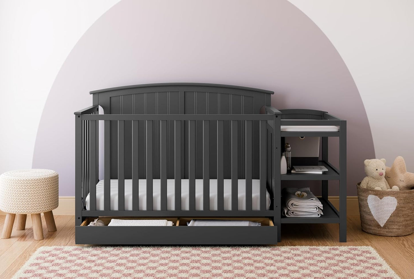 Storkcraft Steveston 5-In-1 Convertible Crib and Changer with Drawer (Gray) – GREENGUARD Gold Certified, Crib and Changing Table Combo with Drawer, Converts to Toddler Bed, Daybed and Full-Size Bed