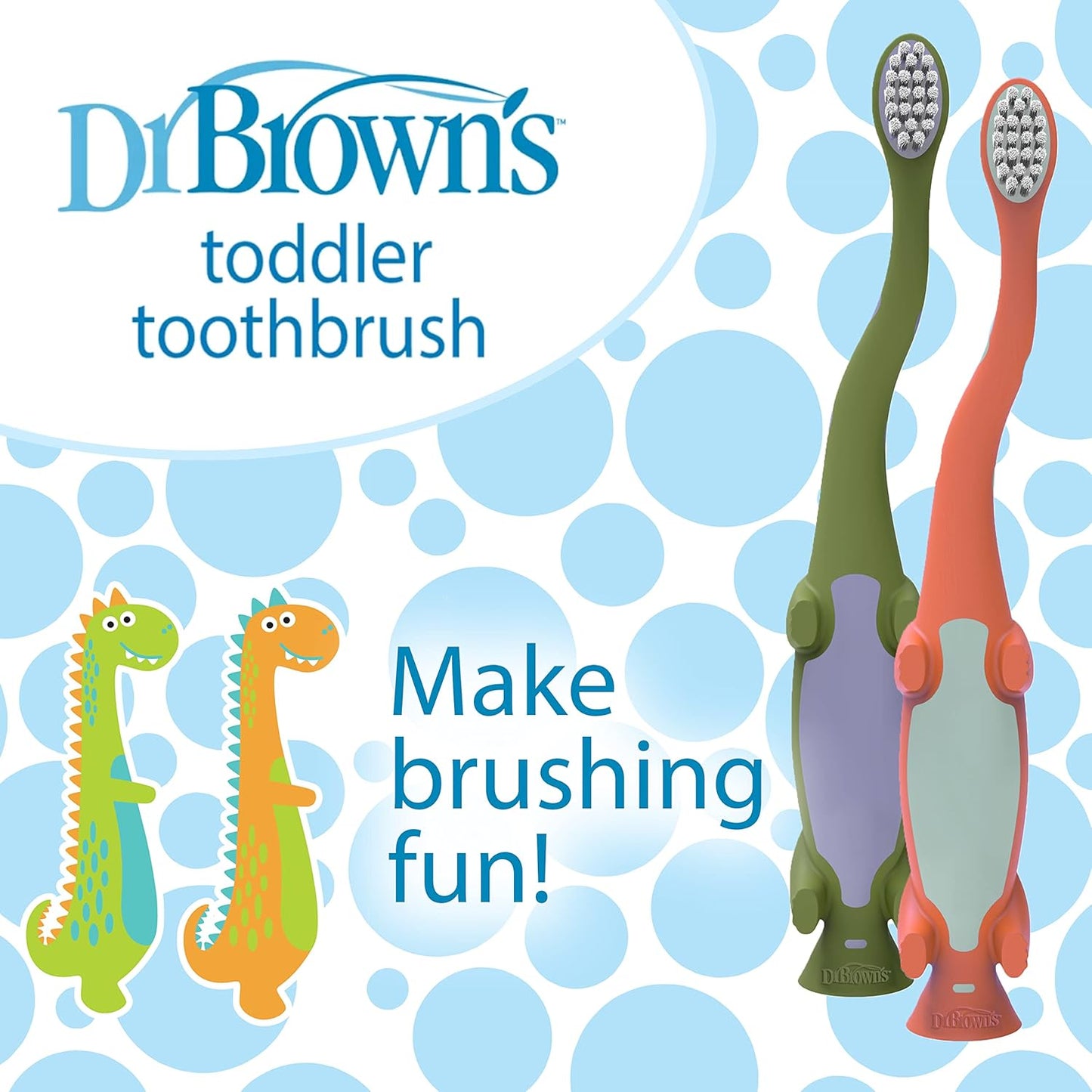 Dr. Brown'S Toddler Toothbrush, Dinosaur, Green and Orange, 2-Pack