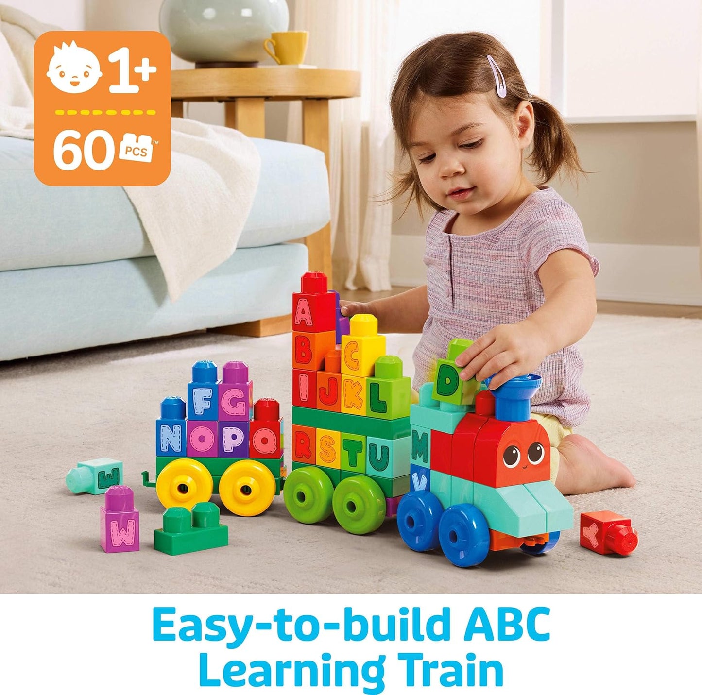 MEGA BLOKS First Builders Toddler Building Blocks Toy Set, ABC Learning Train with 60 Pieces, Ages 1+ Years (Amazon Exclusive)