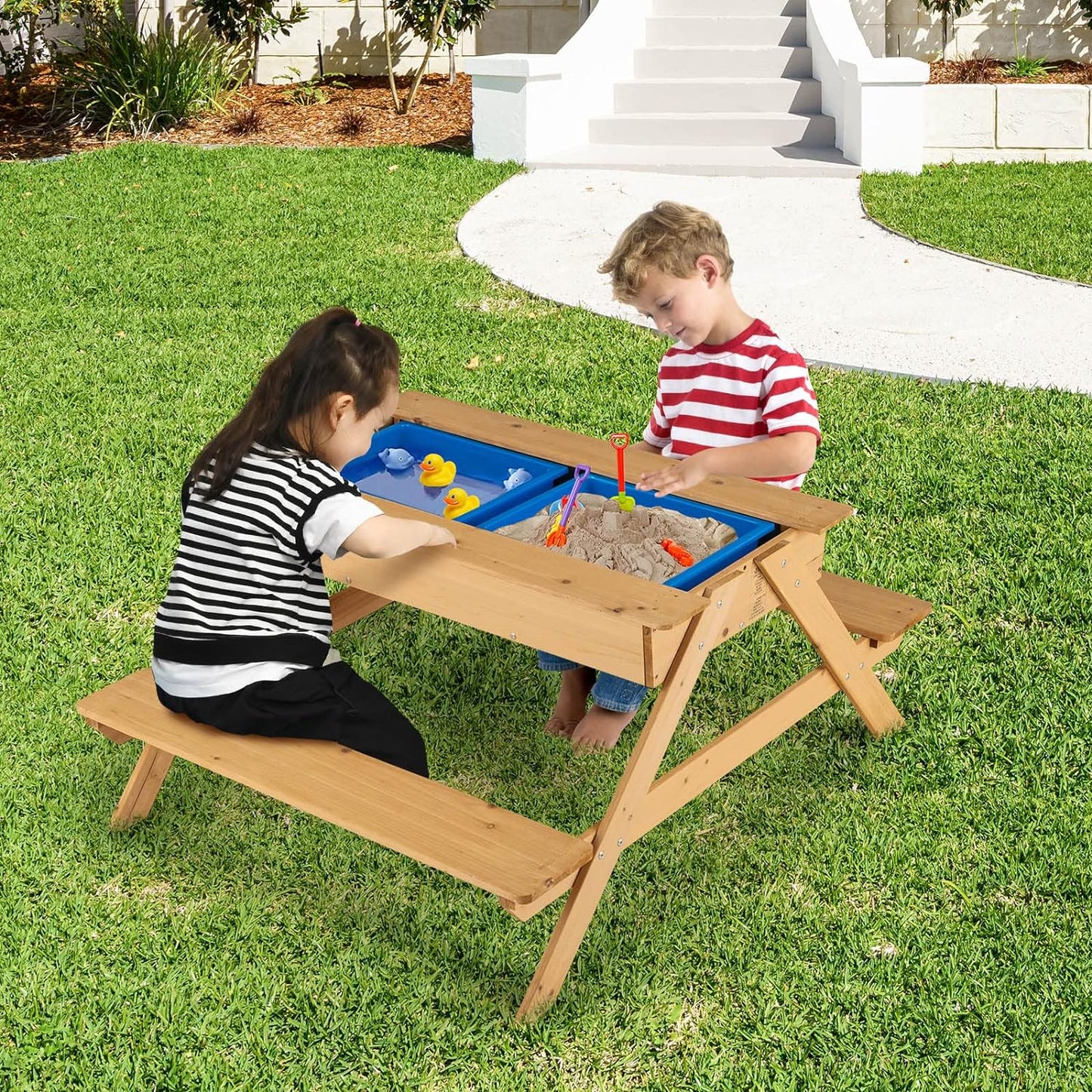 Costzon Kids Picnic Table, 3 in 1 Multipurpose Sand & Water Table W/Removable Top & 2 Storage Boxes, Wooden Construction, Indoor & Outdoor Table Bench Set for Patio, Yard, Activity Play Table