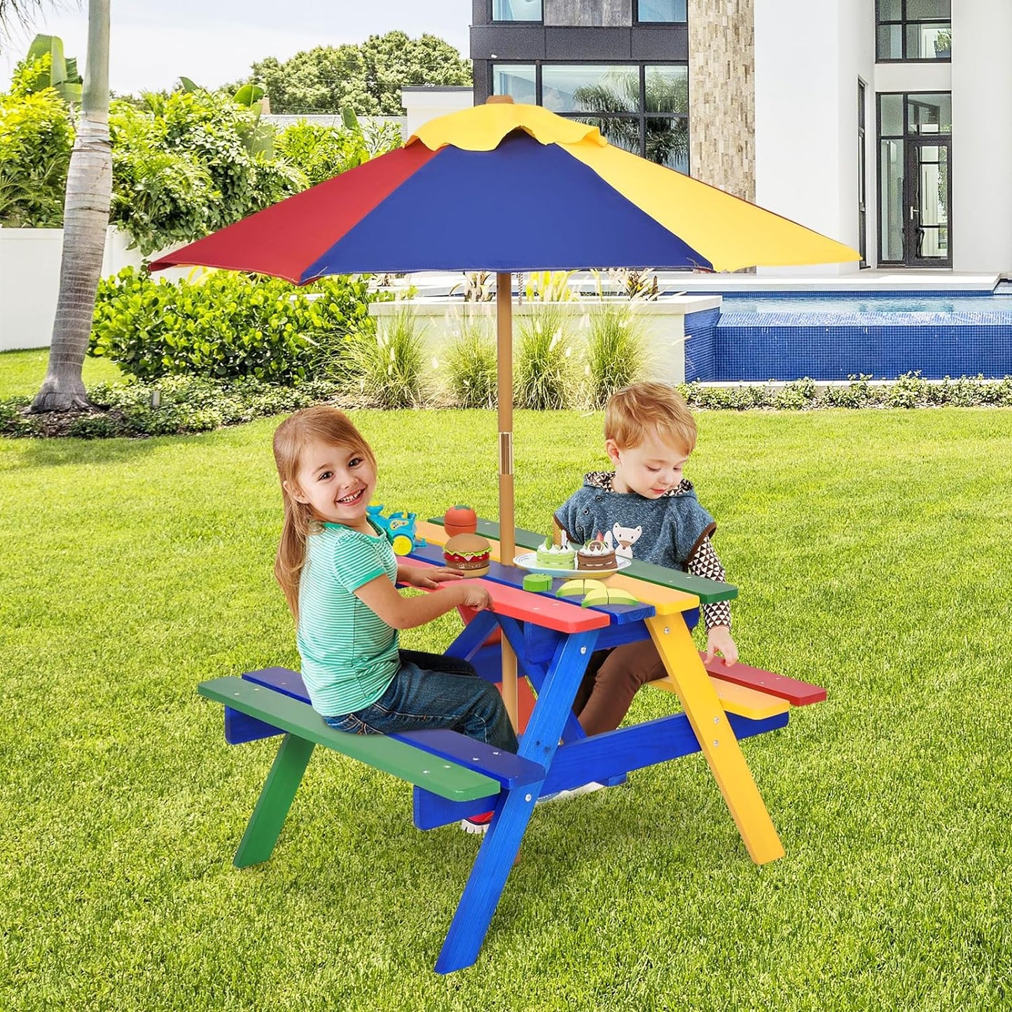 Costzon Kids Picnic Table, Wooden Childrens Table & Bench Set with Removable Umbrella, Kids Patio Furniture for Backyard, Garden, Kids Table and Chair Set for Outdoors