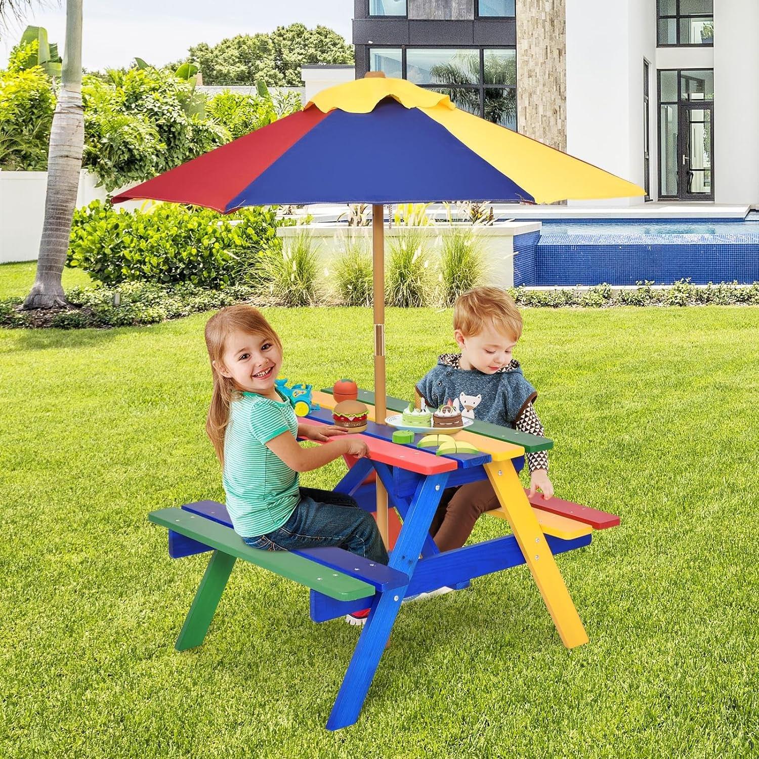 Costzon Kids Picnic Table, Wooden Childrens Table & Bench Set with Removable Umbrella, Kids Patio Furniture for Backyard, Garden, Kids Table and Chair Set for Outdoors