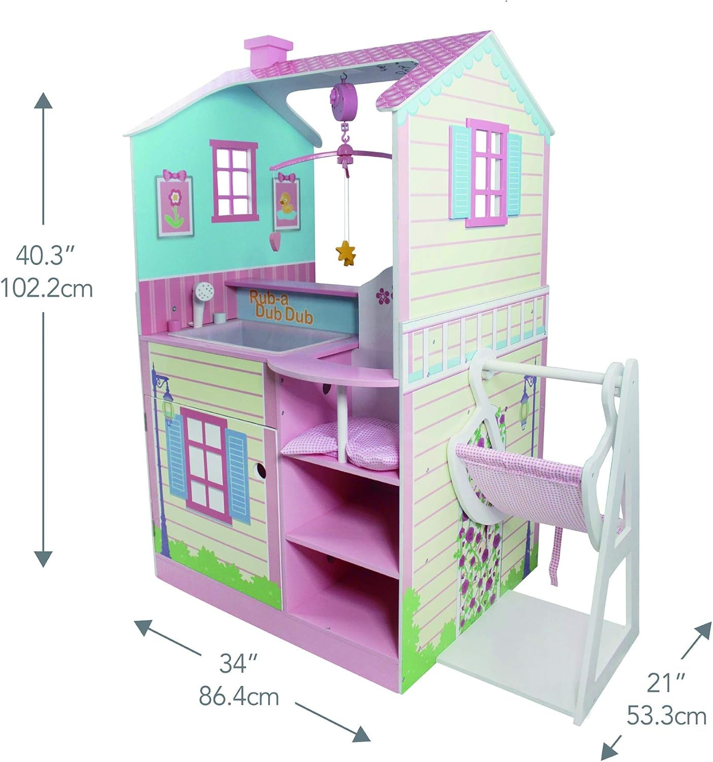 Olivia'S Little World - All in One 16-18 Inch Baby Doll Wooden Nursery Center - Double Sided Dollhouse for Baby Dolls with Swings - Multi- Functional Changing Station - Pink & Blue