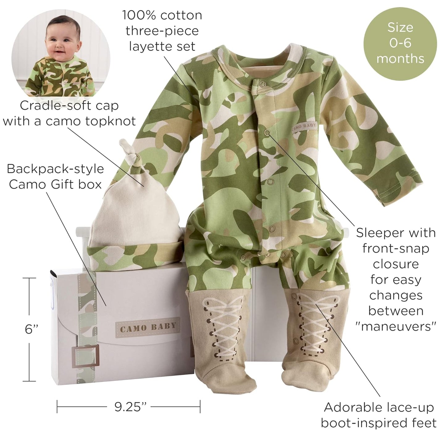 Big Dreamzzz Baby Camo 2-Piece Layette Set in Backpack Gift Box, Tan, 0-6 Months