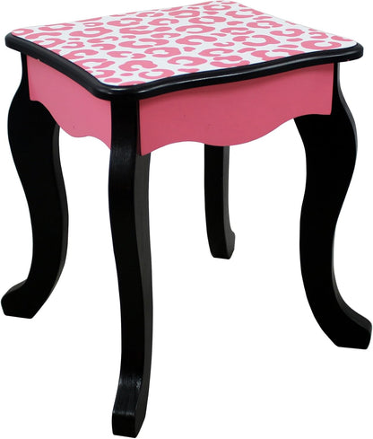 Teamson Kids Leopard Prints Wooden 2-Pc. Play Vanity Set with Tri-Fold Mirror, Storage Drawer and Matching Stool to Play Dress-Up, Princess or Beauty Shop, Black/Pink