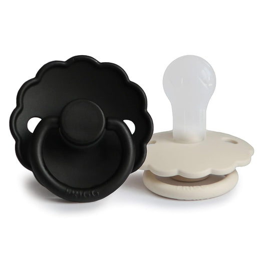 FRIGG Daisy Silkysoft Silicone Baby Pacifier | Made in Denmark | Bpa-Free (Jet Black/Cream, 0-6 Months)