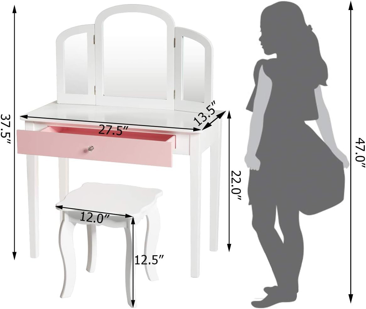 Costzon Kids Vanity Table, Princess Makeup Dressing Table with Drawer & Tri-Folding Mirror, 2-In-1 Vanity Set with Detachable Top, Pretend Beauty Play Vanity Set for Girls (Pink)