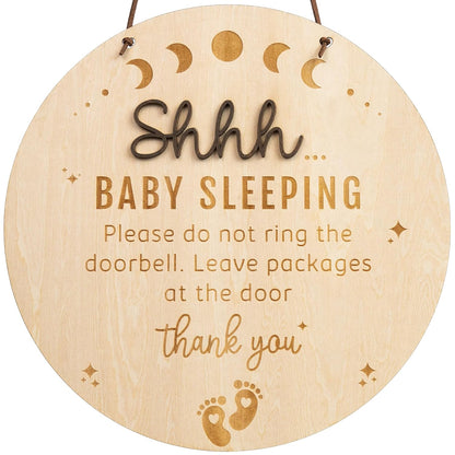 Chippi & Co Shh Baby Sleeping Sign for Front Door, Wooden Do Not Ring Doorbell Sign for Font Door, Baby Room, Fathers Day Gifts for New Dad, Expecting Dad, Christmas Gifts for Mom to Be (Baby Sleepinng Sign)