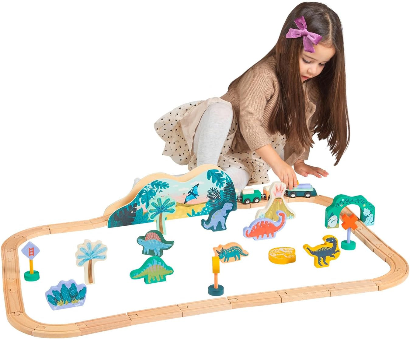 Manhattan Toy T-Rex Express 45-Piece Jurassic-Themed Wooden Toy Train Set for Toddlers 3 Years and Up