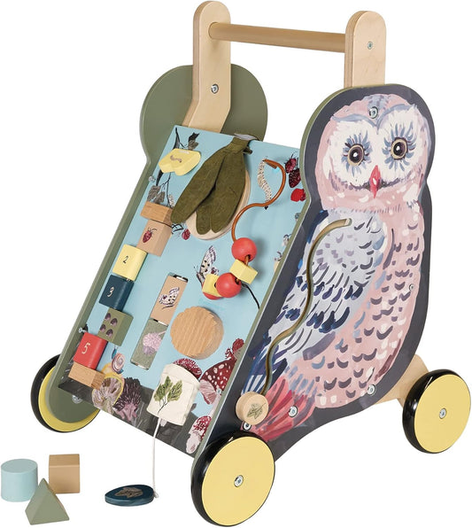 Manhattan Toy Wildwoods Owl Wooden Push Cart with Shape Sorter and Basket, Serrated Oval, Spinners, Bead Run and More Medium