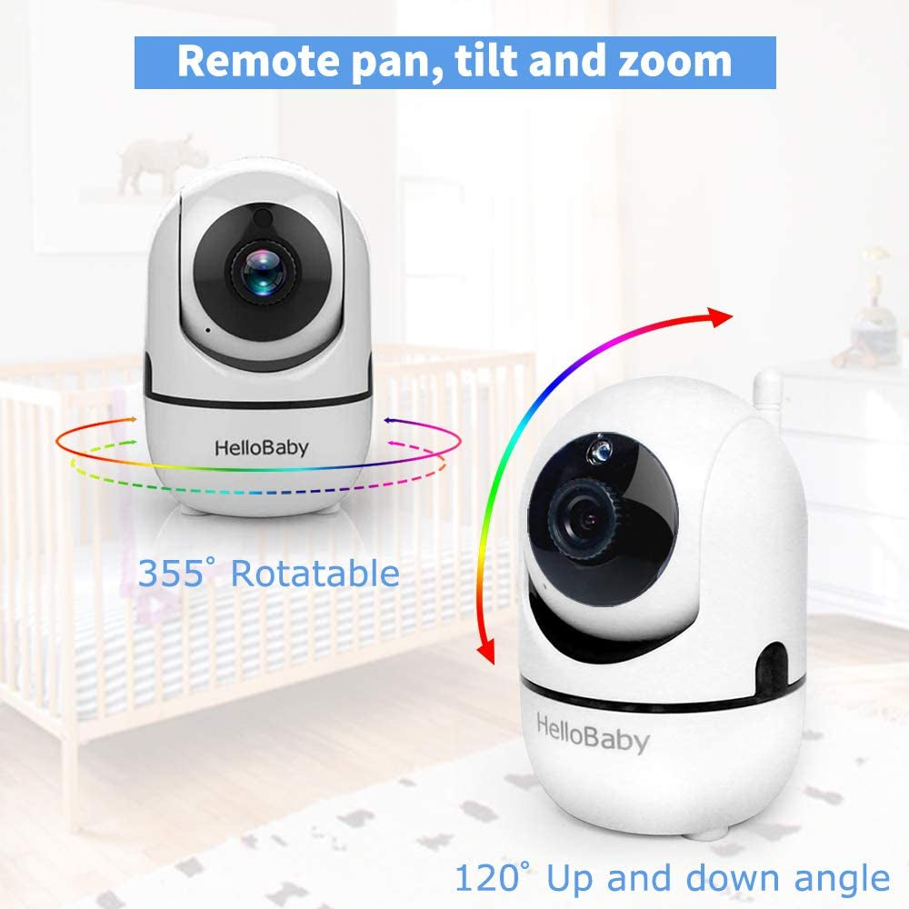 Hellobaby Video Baby Monitor with 2 Cameras and Audio. Baby Monitor with Remote Pan/Tilt/Zoom, VOX Mode, Night Vision, 2-Way Talk, 8 Lullabies