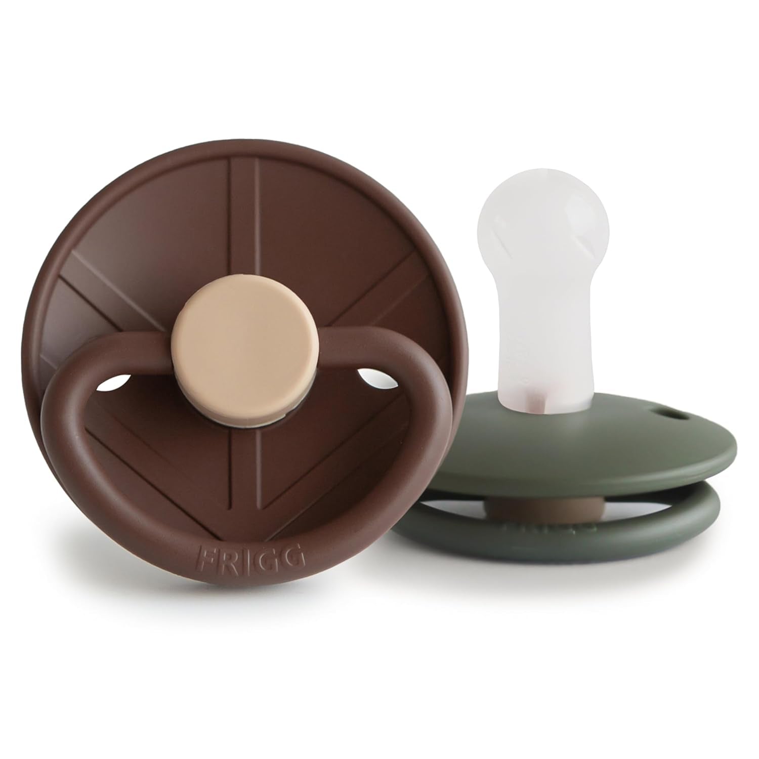 FRIGG Little Viking Silkysoft Silicone Baby Pacifier 2-Pack | Made in Denmark | Bpa-Free (Cocoa/Olive, 6-18 Months)