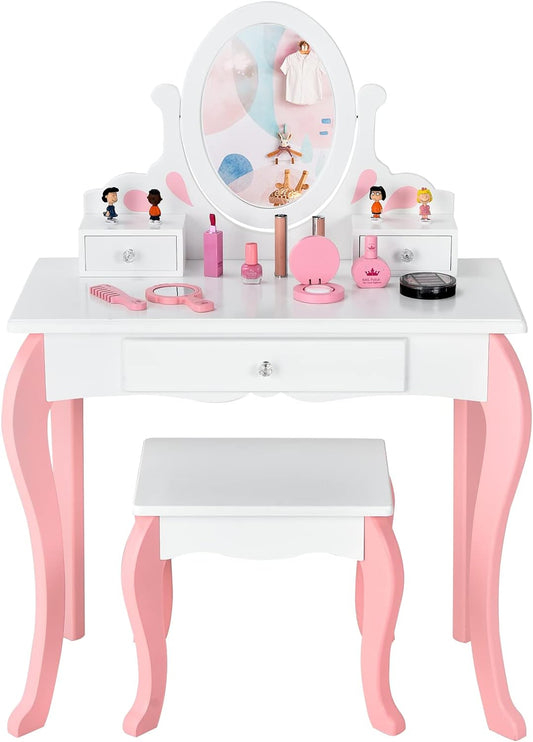 Costzon Kids Vanity Set with Mirror, 2 in 1 Princess Makeup Dressing Table W/Detachable Top, Toddler Vanity with 360° Rotating Mirror, Drawers & Stool, Pretend Play Vanity Set for Little Girls, White