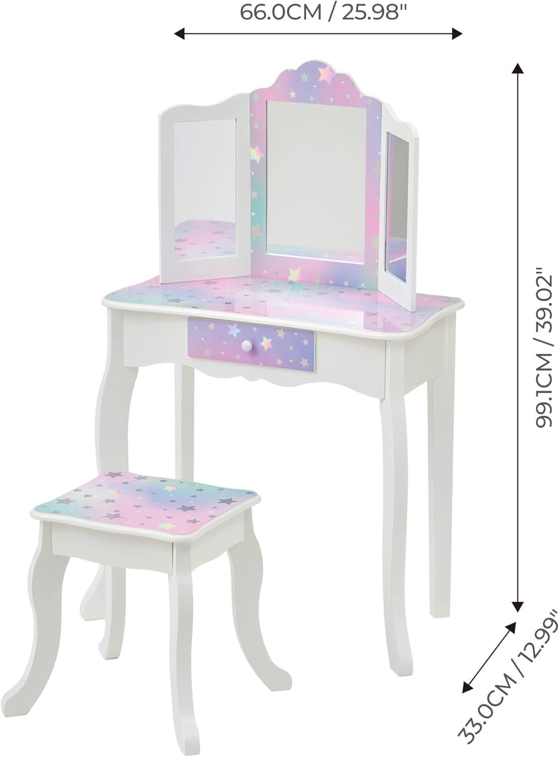 Teamson Kids Princess Gisele Starry Sky Print 2-Piece Kids Wooden Play Vanity Set with Vanity Table, Tri-Fold Mirror, Storage Drawer, and Matching Stool, White with Iridescent and Stars Accent