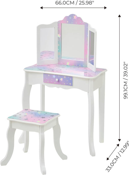 Teamson Kids Princess Gisele Starry Sky Print 2-Piece Kids Wooden Play Vanity Set with Vanity Table, Tri-Fold Mirror, Storage Drawer, and Matching Stool, White with Iridescent and Stars Accent