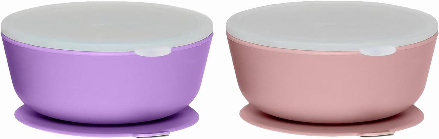 Weesprout Suction Bowls for Baby & Toddlers (Set of 2) - 100% Silicone W/Plastic Lid - Leak Proof Feeding Supplies - Dishwasher & Microwave Safe Infant Dinnerware W/Extra Strong Base