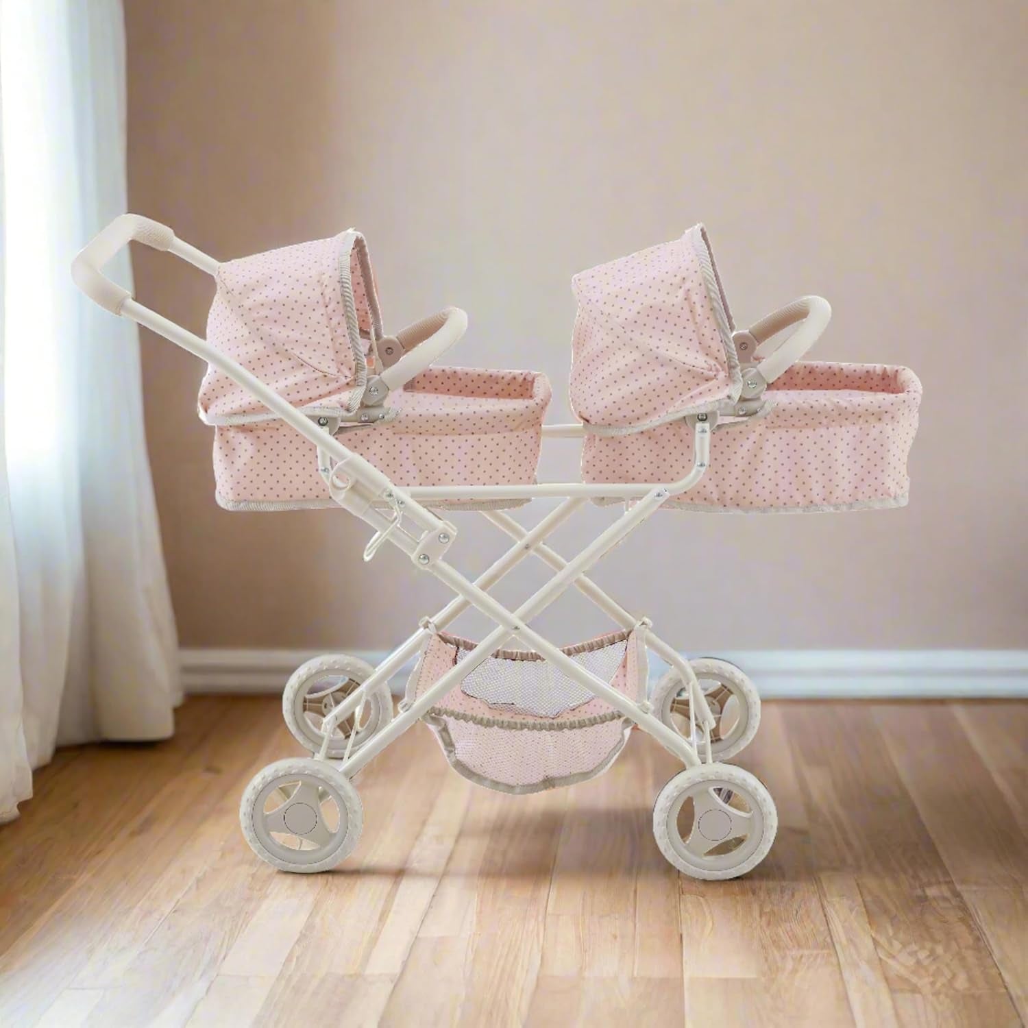 Olivia'S Little World Polka Dot Princess Baby Doll Twin Bassinet Stroller with Retractable Canopy & Storage, Pink/Gray