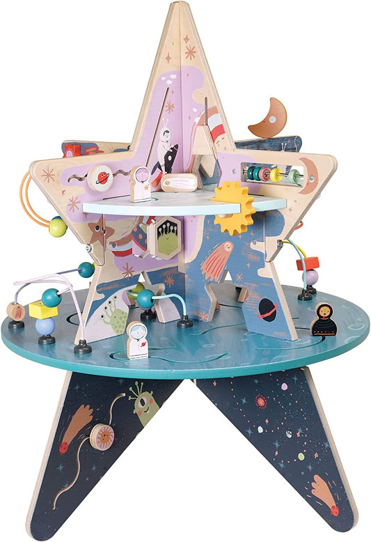 Manhattan Toy Double-Decker Celestial Star Explorer Wooden Activity Center with Shape Gliders, Spinners, Bead Runs and Alluring Artwork