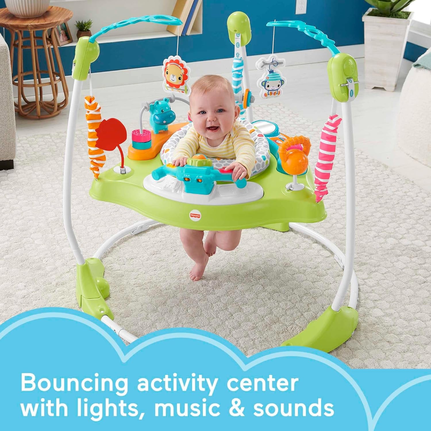 Fisher-Price Baby Bouncer Fitness Fun Jumperoo Musical Activity Center with Lights Sounds & Developmental Toys, Folds for Storage