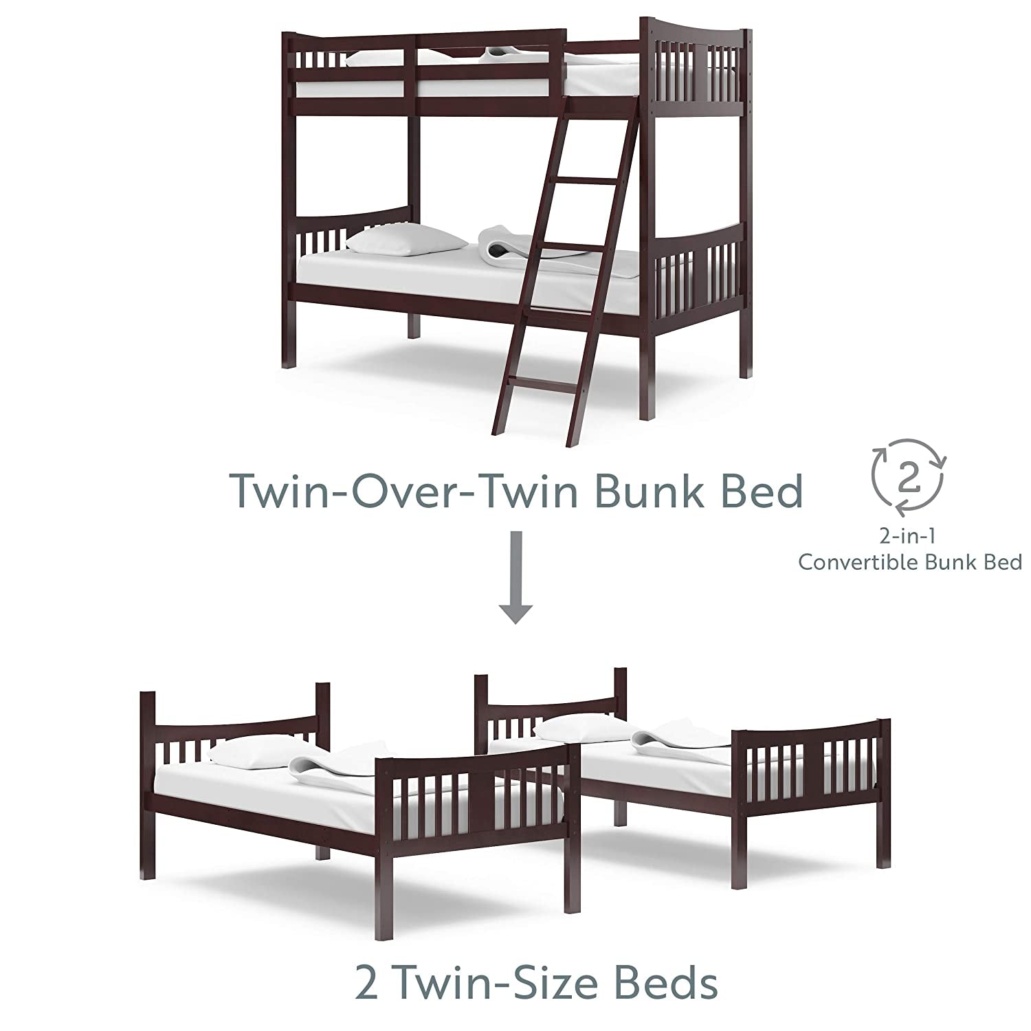 Storkcraft Caribou Bunk Bed Twin over Twin Bunk Bed (Espresso) - GREENGUARD Gold Certified, Twin Bunk Beds for Kids, Converts to 2 Individual Twin Beds, Bunk Beds for Kids