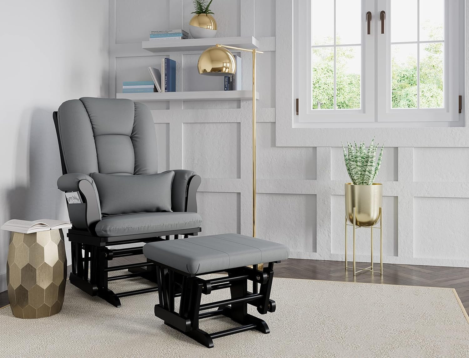 Storkcraft Tuscany Custom Glider and Ottoman with Free Lumbar Pillow (Black/Grey) - Cleanable Upholstered Comfort Rocking Nursery Chair with Ottoman