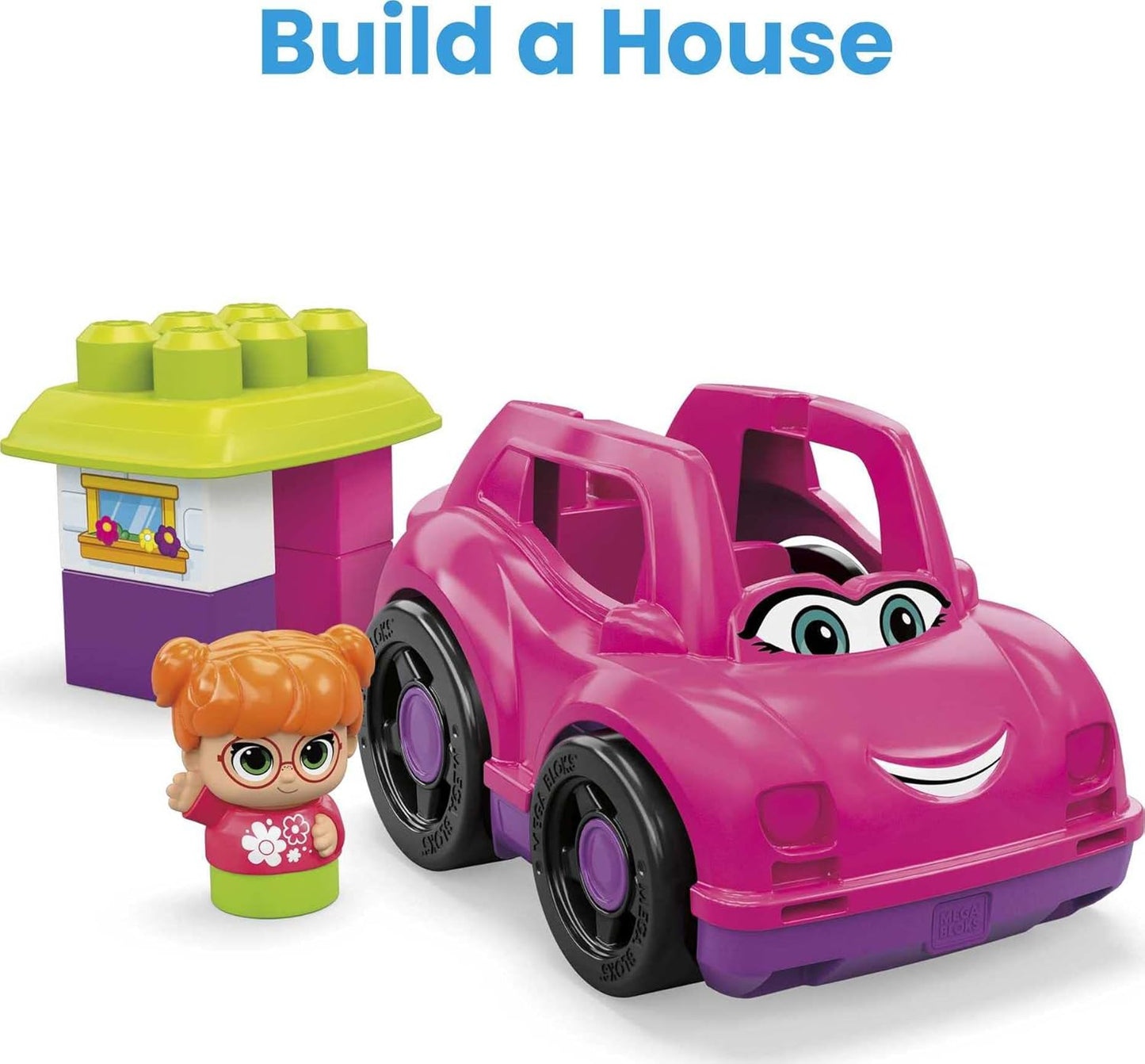 Mega BLOKS First Builders Toddler Building Blocks Toy Set, Catie Convertible with 6 Pieces and Storage, 1 Figure, Pink, Ages 1+ Years