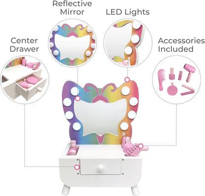 Teamson Kids Colorful Butterfly-Shaped Tabletop Vanity with Led-Illuminated Mirror and 6-Pc. Accessory Set