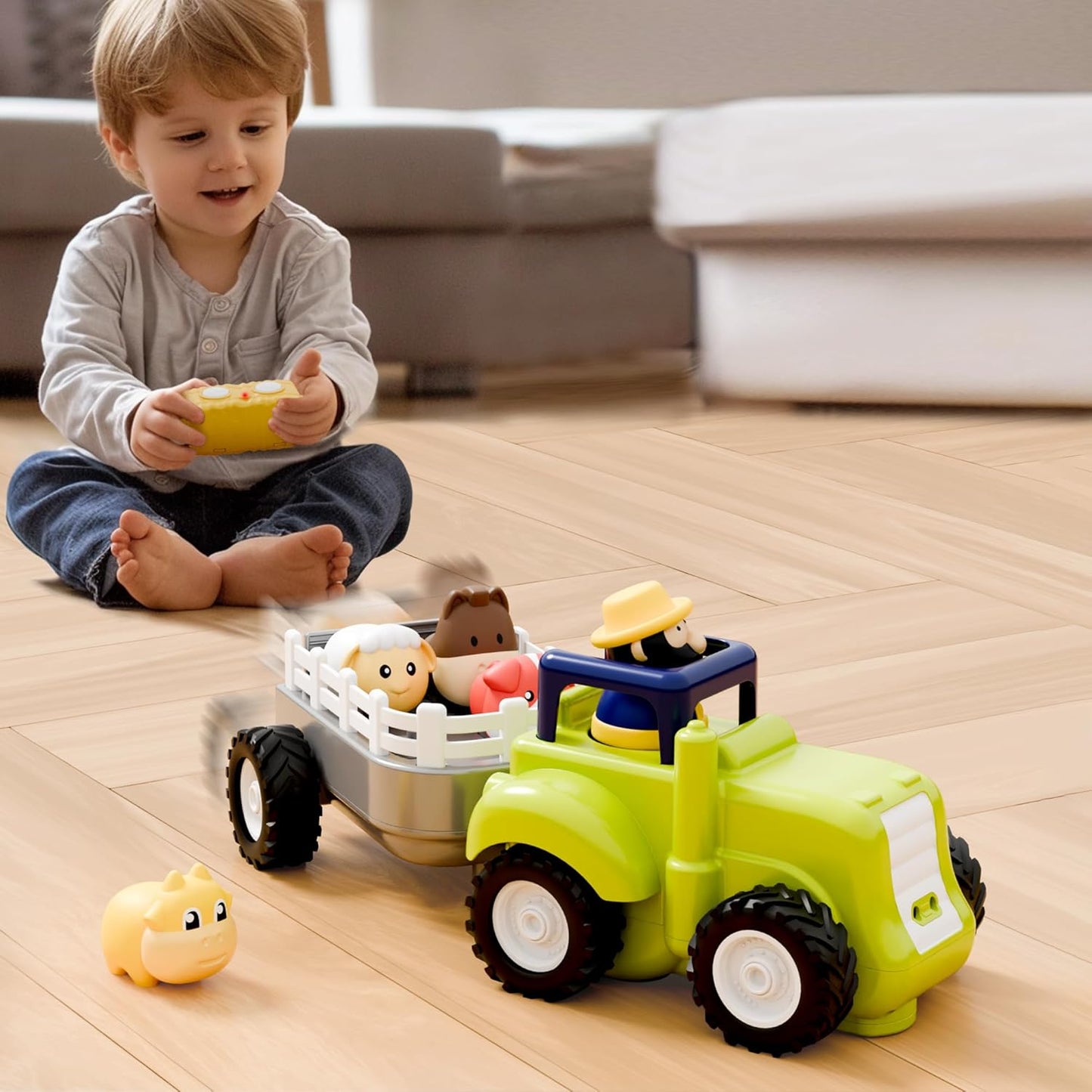 Iplay, Ilearn Toddler Remote Control Farm Tractor Toy, Baby RC Trailer Truck Set, Music Pretend Farmer Animals Vehicle Playset W/Sound, Birthday Gifts for 18 24 Month 2 3 4 Year Old Kids Boys Girls