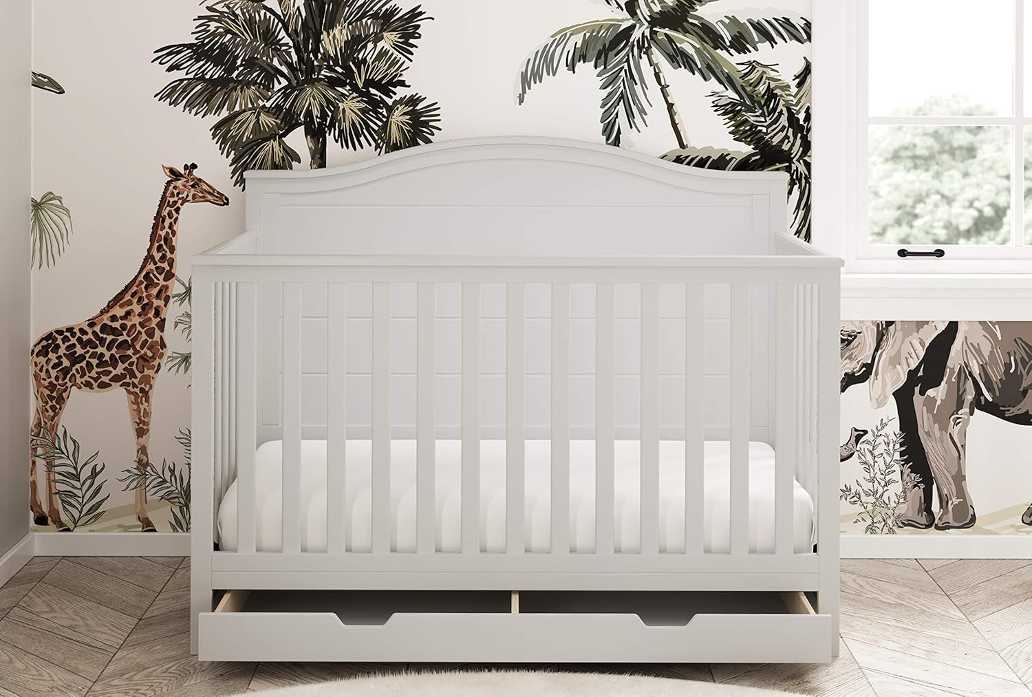 Storkcraft Moss 5-In-1 Convertible Crib with Drawer (White) – GREENGUARD Gold Certified, Crib with Drawer Combo, Includes Full-Size Nursery Storage Drawer, Converts to Toddler Bed and Full-Size Bed