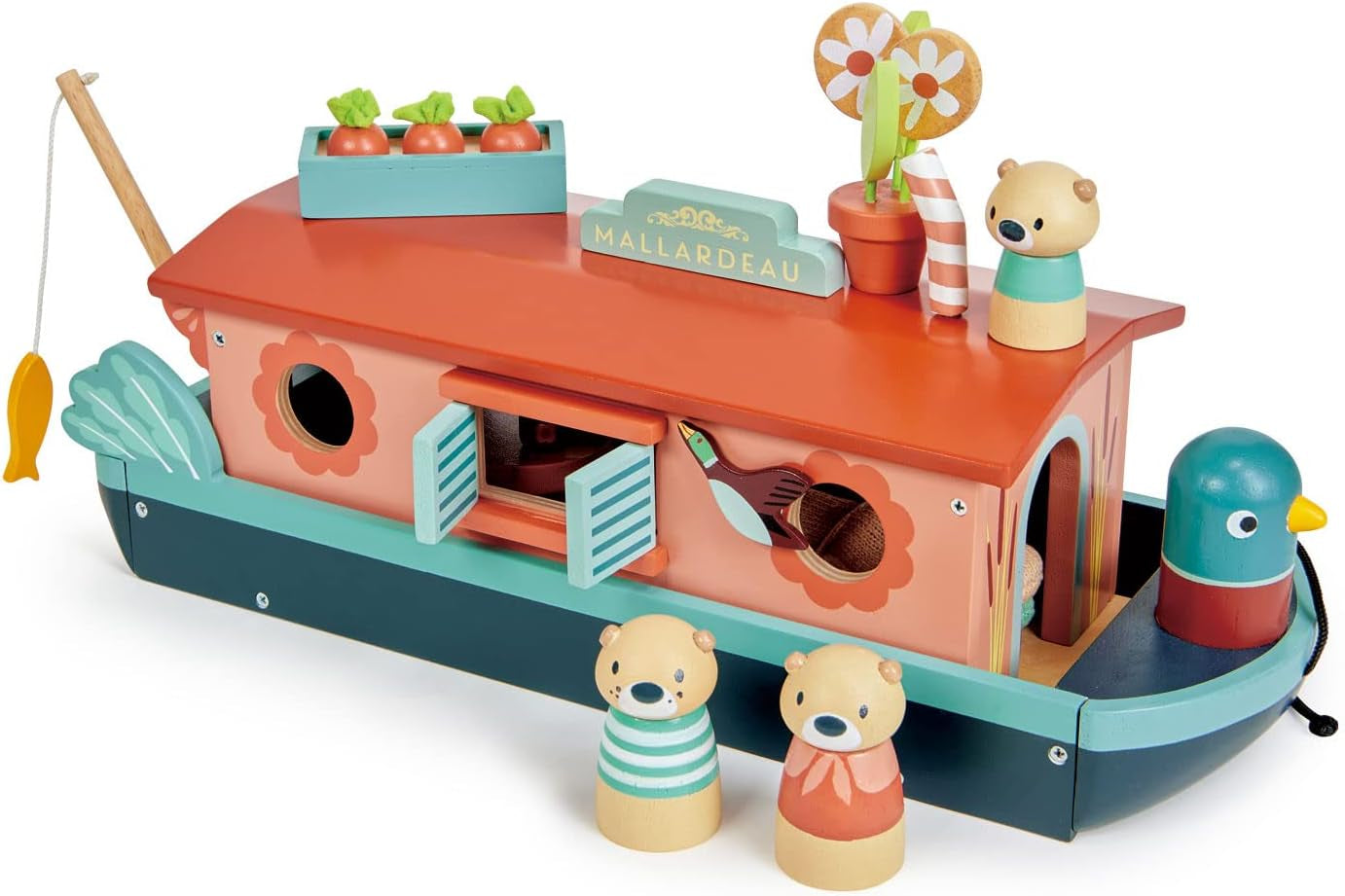 Tender Leaf Toys - Little Otter Canal Boat - 23 Pcs Furnished Wooden Boat Toy with Removeable Roof and Animal Figures - Gender-Neutral Open-Ended Play Set for Story Telling - Age 3 +