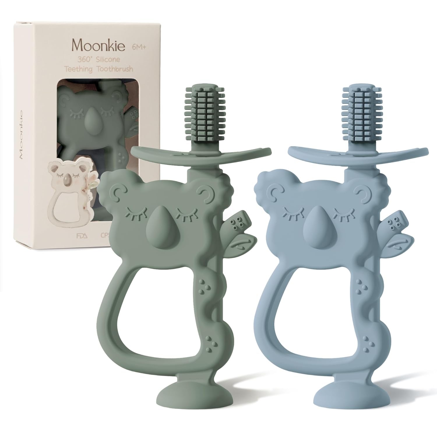 Moonkie Teething Toy Set of 2, Safe & Easy to Hold BPA Free Silicone Teethers, 360° Baby Toothbrush with Suction Base, Teether Toys Best for Babies 6-12 Months (Koala Ether/Sage)