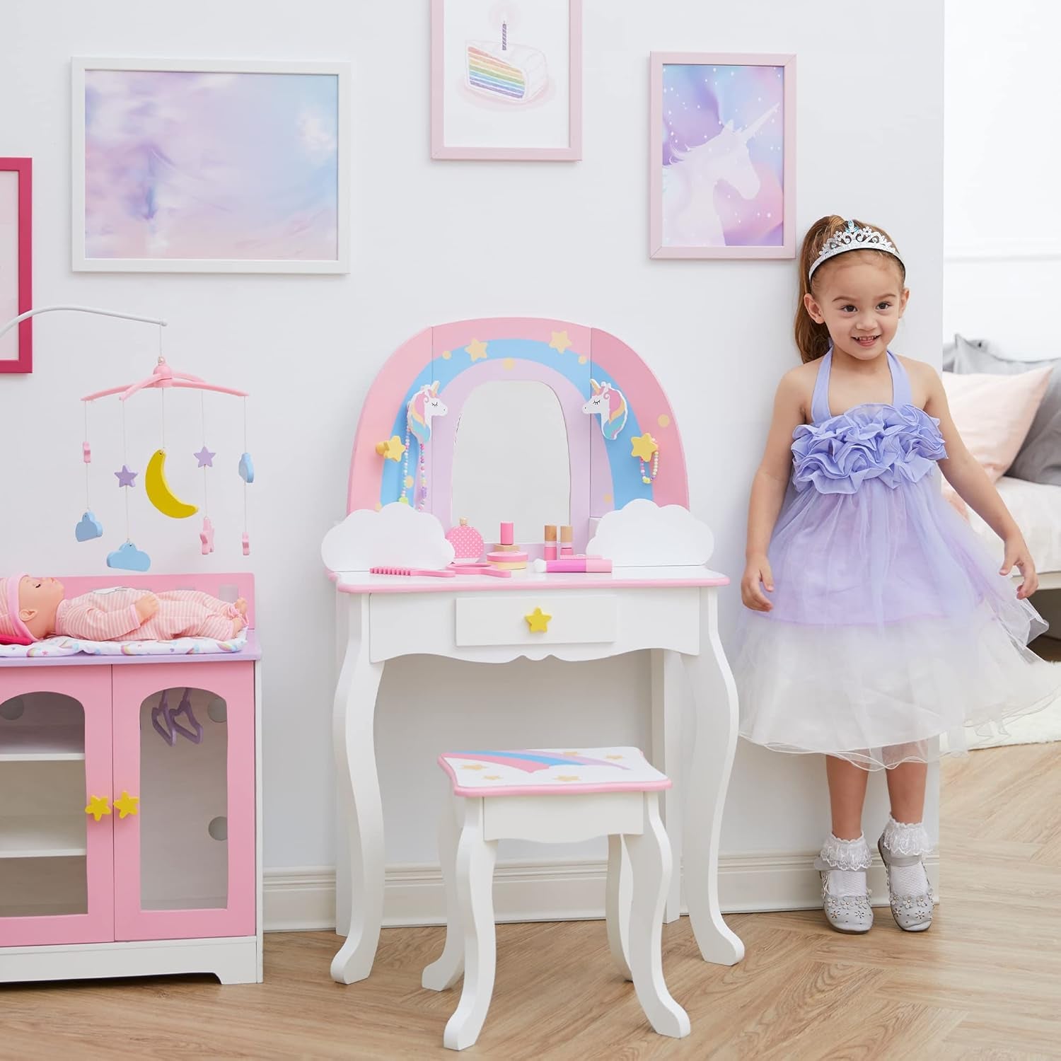 Fantasy Fields Little Dreamer Rainbow Unicorn Play Vanity Set with Rainbow-Shaped Mirror Frame, Cloud-Shaped Storage Drawers, and Stool, White with Pink, Blue and Lilac Rainbow Accents