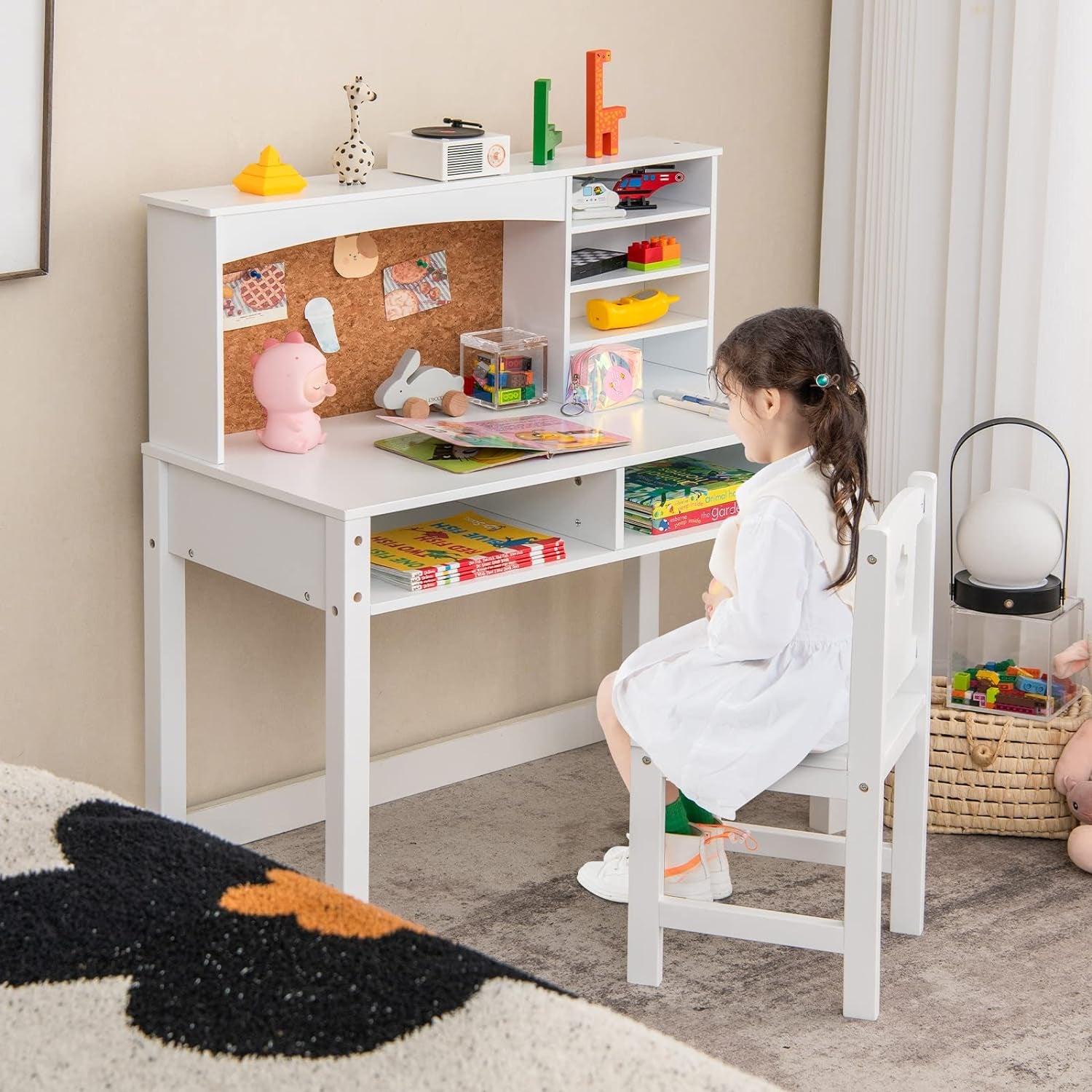 Costzon Kids Desk and Chair Set, Wooden Study Desk for Kids with Storage, Hutch, Cork Bulletin Board, Student Writing Computer Workstation, Kids Desk for Study Room, Bedroom, School, White