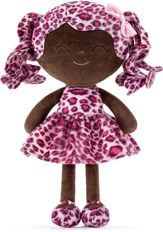 Gloveleya Doll Baby Dolls Soft Doll Baby Girl Gifts Curly Hair Brown Rose Red Leopard Dress Spring Girl 12Inches